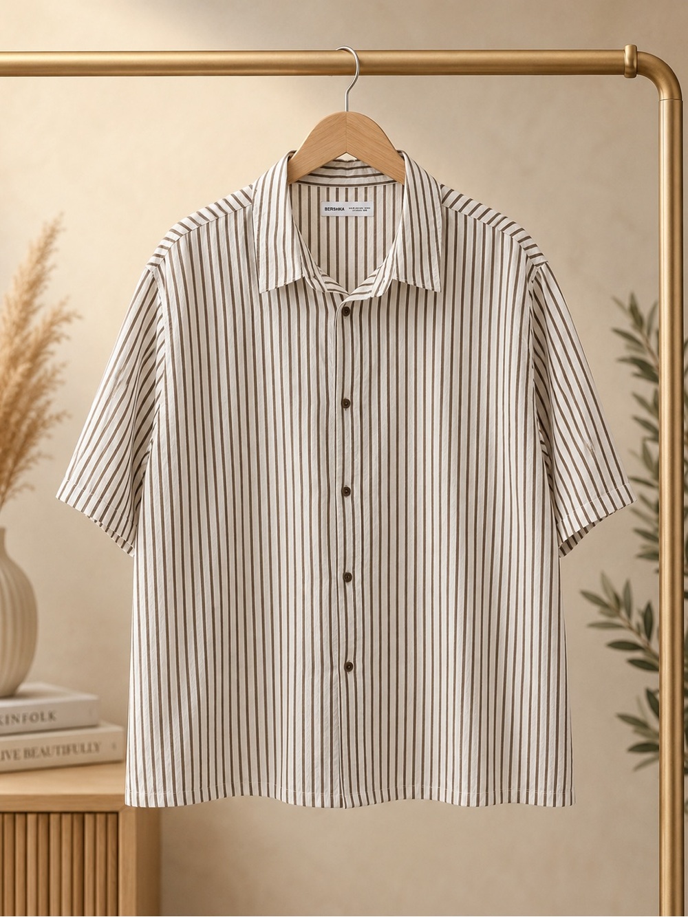 Bershka Cream Short-Sleeve Button-Down Shirt with Brown Stripes